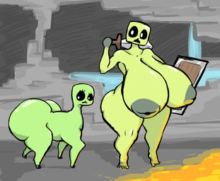 4_legs anthro big_breasts big_butt breasts butt cave duo female green_body huge_breasts huge_butt lava melee_weapon nipples non-mammal_nipples nude shield square_(anatomy) square_head sword water weapon white_eyes gatofashado microsoft minecraft mojang xbox_game_studios creeper_(minecraft)