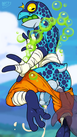 3_fingers 3_toes ambiguous_gender anthro assisted_exposure backsack balls biped blue_balls blue_body blue_penis blue_skin blue_spots blue_tail bodily_fluids body_wraps bottomwear bottomwear_down butt clothed clothed_anthro clothed_male clothing cloud cum cum_drip dripping duo emanata feet fingers flaccid flash_emanata foreskin genital_fluids genital_raphe genitals glans glistening glistening_balls glistening_eyes glistening_genitalia green_glans green_tongue horizontal_pupils humanoid_genitalia humanoid_penis leg_wraps looking_back looking_down male male/ambiguous male_anthro male_focus markings mismatched_genitalia mismatched_humanoid_penis mismatched_penis non-mammal_balls open_mouth orange_bottomwear orange_clothing orange_pants outside pants pants_down pants_only partially_clothed partially_clothed_anthro partially_clothed_male partially_retracted_foreskin penis pupils raphe_(anatomy) rear_view scrotal_raphe scut_tail short_tail sky solo_focus spots spotted_body spotted_skin tail text toes tongue topless topless_anthro topless_male wraps wrist_wraps yellow_sclera arty_the_frog rivals_of_aether ranno wrastor amphibian frog poison_dart_frog 2026 9:16 artist_name digital_drawing_(artwork) digital_media_(artwork) hi_res male_(lore)
