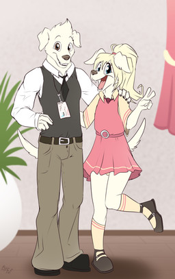 anthro biped black_clothing black_footwear black_nose black_shoes blonde_hair bottomwear brown_bottomwear brown_clothing brown_pants clothed clothing crossdressing dress duo eyebrows femboy floppy_ears folded_ears footwear front_view fur gesture hair hand_gesture head_tuft long_hair male mary_janes necktie on_one_leg open_mouth open_smile pants pink_clothing pink_dress shoes smile socks standing teeth text tongue topwear tuft v_sign vest white_body white_dress_shirt white_fur fuf bird_dog canid canine canis domestic_dog hunting_dog labrador mammal retriever 2019 english_text hi_res brother_(lore) brothers_(lore) sibling_(lore)
