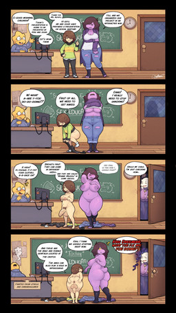 anthro anus areola balls bent_over big_balls big_butt big_penis biped breasts brown_hair butt chalkboard clothing crossgender dialogue door eyewear female genitals glasses greeting group gynomorph hair huge_balls huge_penis intersex mature_female nipples nude penis pubes purple_body rear_view speech_bubble spread_butt spreading text undressing vulva yellow_body cumbread deltarune undertale_(series) alphys susie_(deltarune) toriel bovid caprine human mammal scalie absurd_res english_text hi_res