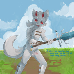 2_horns 5_fingers anthro arm_tuft armor balls black_nose blush bodily_fluids body_blush claws clothing cloud cum cumshot dialogue dirt_road ejaculation erection eyebrows facial_tuft fangs finger_claws fingerless_gloves fingers fluffy fluffy_tail foreskin genital_fluids genitals gloves grass hair handwear holding_melee_weapon holding_object holding_sword holding_weapon horn inner_ear_fluff kemono male melee_weapon mostly_nude open_mouth outside penis penis_blush plant ponytail red_horn shinguards shoulder_tuft sky solo standing sweat sweatdrop sword tail teeth text tuft weapon white_balls white_eyebrows white_inner_ear white_inner_ear_fluff white_penis regcron lyent_(regcron) canid canine canis mammal wolf 1:1 2025 english_text hi_res