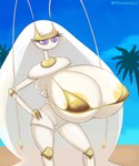 areola beach big_breasts bikini breasts clothing female golden_bikini huge_breasts hyper hyper_breasts palm_tree plant sand sky solo swimwear tree two-piece_swimsuit yellow_areola fromariels nintendo pokemon generation_7_pokemon pheromosa pokemon_(species) ultra_beast absurd_res hi_res