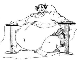 anthro belly big_belly chair clothed clothing computer_keyboard computer_mouse electronics fur furniture headgear headphones headset male moobs morbidly_obese morbidly_obese_anthro morbidly_obese_male navel obese obese_anthro obese_male overweight overweight_anthro overweight_male sitting solo thick_thighs wide_hips mr_labrador canid canine mammal black_and_white monochrome
