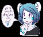 anthro black_nose blue_hair blush clothed clothing dialogue fur hair heart_symbol male markings open_mouth purple_eyes shocked simple_background solo spots spotted_body spotted_fur text tongue transparent_background white_body white_fur wastedtime foolish felid mammal pantherine snow_leopard 2018 absurd_res alpha_channel digital_media_(artwork) english_text hi_res