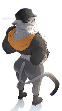 anthro big_butt bottomwear breasts butt clothed clothing female fur grey_body grey_fur hat headgear headwear high-angle_view hoodie looking_at_viewer muscular muscular_anthro muscular_female pants simple_background smile solo tail thick_thighs tight_bottomwear tight_clothing tight_pants topwear white_background wide_hips zanzagen dreamworks the_bad_guys kitty_kat_(the_bad_guys) felid mammal pantherine snow_leopard absurd_res digital_media_(artwork) hi_res