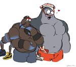 anthro blush bottomwear clothing duo heart_symbol male male/male muscular muscular_anthro muscular_male navel pecs shirtless shorts simple_background white_background bloodi_pawz nintendo splatoon big_man_(splatoon) mr._coco_(splatoon) arthropod crab crustacean decapoda fish malacostracan marine ray_(fish) stingray hi_res