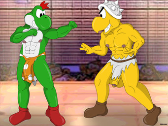 anthro armor balls balls_outline big_balls big_nipples big_penis boots bottomwear bulge clothing detailed_bulge duo fight fighting_pose fighting_ring flaccid footwear foreskin genital_outline genitals green_body headgear helmet ineffective_clothing ineffective_loincloth loincloth male male/male muscular muscular_anthro muscular_male nipples penis penis_outline pose prehistoric ring shoes teeth thong underwear white_eyes yellow_body ciel-wolf mario_bros mythology nintendo paper_mario paper_mario:_the_thousand_year_door jr_troopa the_great_gonzales_jr animal_humanoid dinosaur dinosaur_humanoid dragon dragon_humanoid green_yoshi humanoid koopa koopa_humanoid koopa_troopa mythological_creature mythological_scalie prehistoric_species reptile reptile_humanoid scalie scalie_humanoid tortoise tortosie_humanoid turtle turtle_humanoid yoshi yoshi_humanoid 4:3 hi_res