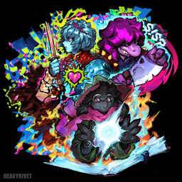 alternate_costume ambiguous_gender anthro armor book bookmark broken_glass cape claws cleaver clothing crown_of_thorns crystal female glass group katana leather mage_hat magic male melee_weapon pixelated sword toothy_grin trio weapon heavyrivet deltarune undertale_(series) kris_dreemurr ralsei susie_(deltarune) bovid caprine goat human humanoid mammal monster 1:1 hi_res