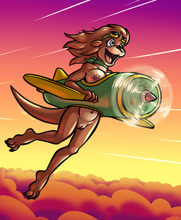 aircraft airplane anthro areola breasts brown_body brown_fur casual_nudity eyewear eyewear_on_head feet female fingers flying fur genitals goggles goggles_on_head hair navel nipples nude open_mouth outdoor_nudity outside smile solo tail teeth toes tongue vehicle vulva bassybefuddle conditional_dnp hacha_mecha_fighter mammal mustelid otter digital_media_(artwork) hi_res