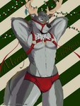 anthro briefs bulge christmas_clothing clothed clothing colored_seam_underwear detailed_bulge fur hand_on_head harness holidays horn male muscular muscular_anthro muscular_male nipples pecs pose pubes simple_background solo standing text two_tone_briefs underwear apache_(artist) christmas gust_beaufort canid canine canis cervine deer elk hybrid mammal wolf 3:4 absurd_res hi_res pinup url