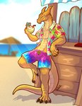 aloha_shirt anthro beach beach_bar beverage claws clothing coconut coconut_drink drupe_(fruit) food fruit gold_scales green_eyes horn leaning looking_at_viewer male pattern_clothing pattern_shirt pattern_topwear plant seaside shirt smile smiling_at_viewer smirk smirking_at_viewer solo swimming_trunks swimwear tail topwear lluisabadias mythology braz dragon mythological_creature mythological_scalie scalie 2023 absurd_res hi_res