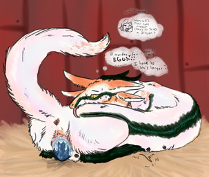 4_ears after_transformation anus bodily_fluids curled_up dialogue egg female feral fur genitals green_markings horn iridescent lying markings multi_ear orange_markings oviposition raised_tail simple_background solo speech_bubble sweat tail teats text tongue tongue_out vulva white_body white_fur yellow_eyes welcometaco kinktober kinktober_2025 mythology dragon fairy_dragon mythological_creature mythological_scalie scalie 2025 english_text