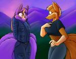 anthro blue_eyes breasts clothed clothing duo female fur hair midriff multi_tail orange_body orange_fur outside purple_body purple_fur purple_hair tail foxenawolf gluneria_fullin kaari canid canine dreamspinner fox mammal