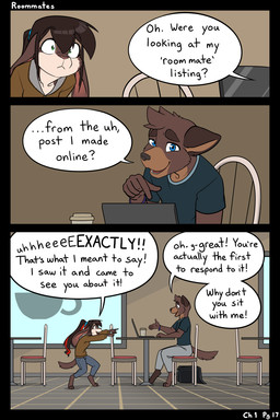 4_toes anthro barefoot black_border blue_eyes border brown_body brown_fur brown_hair clothed clothed_anthro clothed_female clothed_male clothing dialogue digitigrade duo embarrassed feet female female_anthro floppy_ears fully_clothed fully_clothed_female fully_clothed_male fur green_eyes hair highlights_(coloring) inside long_ears male male_anthro page_number paws ponytail red_highlights speech_bubble text toes black-kitten ken_(black-kitten) maya_(black-kitten) canid canine canis domestic_dog hybrid lagomorph leporid mammal rabbit 2:3 comic english_text hi_res