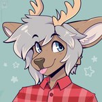 anthro antlers black_nose blep blue_eyes brown_ears clothing grey_hair hair horn inner_ear_fluff looking_aside male pattern_clothing pattern_shirt pattern_topwear plaid plaid_clothing plaid_shirt plaid_topwear shirt solo tongue tongue_out topwear tuft fleurfurr deer mammal 1:1 2024 digital_drawing_(artwork) digital_media_(artwork) headshot_portrait hi_res icon portrait shaded simple_shading