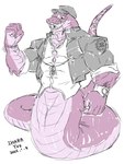 5_fingers anthro apode bottomless claws clothed clothing eyewear fangs fingers glasses hat headgear headwear humanoid_hands jacket legless male muscular muscular_anthro muscular_male purple_body purple_scales scales serpentine shirt solo tail teeth topwear white_clothing white_shirt white_topwear ihara_yuu lifewonders tokyo_afterschool_summoners yig_(tas) draconcopode naga reptile scalie snake snake_naga 3:4 absurd_res colored_sketch hi_res sketch