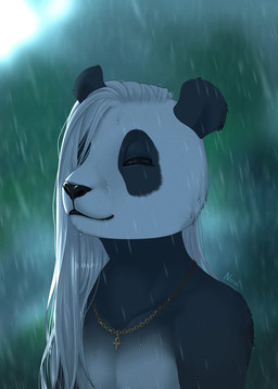 anthro black_body black_fur day detailed_background eyes_closed fur hair hair_to_side jewelry male necklace nude outside raining solo white_body white_fur white_hair noviraine november_(noviraine) bear giant_panda mammal 2022 digital_media_(artwork)