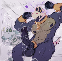 accessory anthro balls barazoku big_muscles big_pecs blush bodily_fluids bone bone_tail bracelet cock_ring collar duo erection flexing flexing_bicep flexing_both_biceps genitals gold_(metal) gold_bracelet gold_jewelry jewelry locker_room male muscular muscular_male musk musk_clouds nipples pecs penis penis_accessory penis_jewelry skeleton skull skull_head solo_focus steam sweat throbbing throbbing_penis fisherkitu mario_bros nintendo dry_himbones fan_character dry_bones absurd_res hi_res