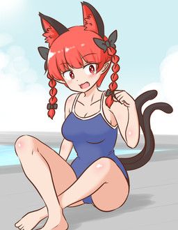 2_tails 4_ears accessory black_tail blue_clothing blue_swimwear bow_ribbon braided_hair breasts clothing crossed_legs female hair hair_accessory hair_bow hair_ribbon humanoid_pointy_ears multi_ear multi_tail one-piece_swimsuit open_mouth open_smile pigtails pointy_and_animal_ears pointy_ears red_eyes red_hair ribbons sitting smile solo swimwear tail twin_braids twintails_(hairstyle) mizusoba asian_mythology east_asian_mythology japanese_mythology mythology touhou rin_kaenbyou animal_humanoid cat_humanoid felid felid_humanoid feline feline_humanoid humanoid mammal mammal_humanoid nekomata yokai hi_res