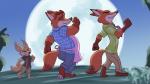 absurd_res anthro apron baron_puddin_paws canid canine clothed clothing disney fennec_fox finnick_(zootopia) fox gideon_grey group hakuna_matata hi_res male mammal moon nick_wilde parody pawpads red_fox true_fox walking zootopia
