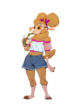 2_toes accessory anthro barefoot beverage bottomwear bow_ribbon clothing cloven_hooves coffee container cup denim denim_bottomwear denim_clothing denim_shorts drinking drinking_straw ear_bell eyebrows feet female fluffy fluffy_tail fur hair_accessory hair_bow hair_ribbon holding_beverage holding_object hooved_plantigrade hooved_toes hooves horizontal_pupils plantigrade pupils raised_eyebrows ribbons shorts shoulderless_shirt simple_background solo tail toes translucent translucent_clothing twintails_(hairstyle) yellow_body yellow_eyes yellow_fur ruffu pepper_in_the_sandbox merina_(ruffu) bovid caprine domestic_sheep mammal merino_sheep sheep digital_drawing_(artwork) digital_media_(artwork) full-length_portrait portrait