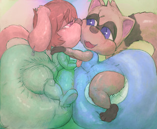 anthro big_diaper blush clothing diaper duo ear_piercing ear_ring floppy_ears hug kissing male male/male pajamas piercing ring_piercing swimwear young overflo207 flo_(overflo207) canid canine canis domestic_dog mammal procyonid raccoon hi_res