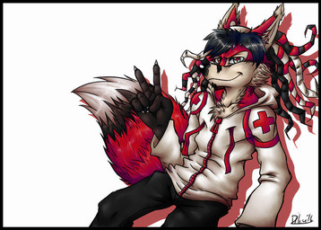 anthro beard black_body black_fur black_hair black_nose clothed clothing cross ear_tuft facial_hair fur hair handwear headgear headwear hoodie male pseudo_hair red_body red_fur red_tail simple_background sitting smile solo spread_legs spreading tail tentacle_hair tentacles topwear tuft white_body white_clothing white_fur zipper y0ku lapfox_trax renard_queenston canid canine fox mammal 2016 digital_media_(artwork)