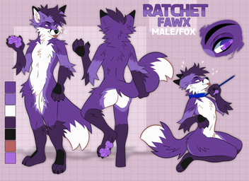 anthro arm_tuft black_nose blep blue_collar cheek_tuft chest_tuft collar elbow_tuft facial_tuft feet front_view fur glistening glistening_eyes hair kneeling leg_tuft male male_anthro mouth_closed nude pawpads purple_body purple_eyes purple_fur purple_hair purple_pawpads rear_view red_tongue short_hair shoulder_tuft side_view solo standing tongue tongue_out tuft white_body white_fur princelykaden ratchet_fawx canid canine fox mammal hi_res model_sheet