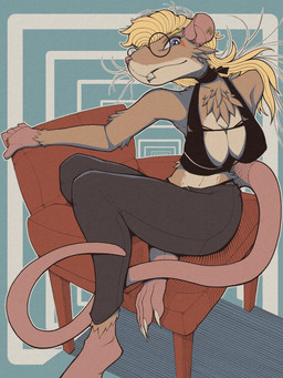 anthro blonde_hair blue_eyes bottomwear breasts buckteeth chest_tuft choker cleavage clothed clothed_female clothing crop_top ear_piercing ear_ring eyewear female fur glasses hair hairless_feet hairless_hands hairless_tail jewelry looking_at_viewer necklace pants piercing ring_piercing round_glasses shirt solo tan_body tan_fur teeth topwear tuft wearing_glasses whiskers gompami eden_(fruititucci) mammal murid murine rat rodent 3:4 absurd_res hi_res