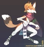 anthro arm_tuft bottomwear cheek_tuft clothed clothing digitigrade elbow_tuft eyes_closed facial_tuft fluffy fluffy_tail fur head_tuft leg_strap leg_wraps loincloth male multicolored_body multicolored_fur pawpads poncho pose scarf solo tail tuft wraps maridiansnack canid canine fox mammal