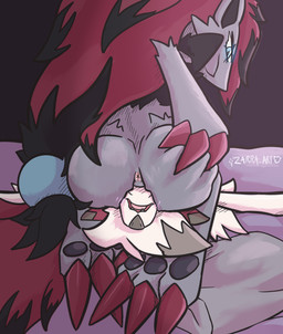 ambiguous/ambiguous ambiguous_gender anthro anthro_on_anthro anus bed bed_sheet bedding bedroom blue_eyes blush blush_stickers butt butt_grab claws duo facesitting furniture hair hand_on_butt pawpads paws pillow red_hair sitting sitting_on_another zarra_(artist) nintendo pokemon canid canine generation_5_pokemon generation_7_pokemon lycanroc mammal midnight_lycanroc pokemon_(species) zoroark hi_res