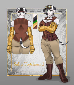 anthro black_spots boots bottomwear brown_boots brown_bottomwear brown_clothing brown_footwear brown_pants clothing crossed_arms eyewear female fingers flat_cap footwear fur goggles green_eyes hat headgear headwear leather leather_clothing leather_topwear leather_vest looking_at_viewer multicolored_body multicolored_fur pants prosthetic prosthetic_arm prosthetic_limb rear_view shoes solo spots standing topwear vest white_blouse white_body white_fur lunar-haven-studios sally_cogshound_(chrislshack1998) canid canine canis dalmatian domestic_dog mammal 2026 absurd_res digital_media_(artwork) hi_res model_sheet