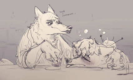 alcohol anthro bar beverage blush claws dialogue drunk duo female fur glass male sharp_teeth substance_intoxication teeth text tongue tongue_out nobby_(artist) disney zootopia aurelina_canidae fan_character lucius_(zootopia) canid canine canis mammal wolf english_text hi_res