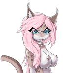 anthro belly big_breasts blue_eyes breasts collar ear_tuft eyewear female fur glasses jewelry markings necklace nipple_piercing nipples piercing simple_background smile solo spots spotted_body spotted_fur tongue tongue_out tuft white_background white_belly fluorite domestic_cat felid feline felis mammal absurd_res hi_res