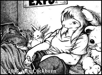 anthro bed bedding black_border blanket border clothed clothing controller detailed_background female fur furniture game_controller hair holding_controller holding_object holding_remote_control inside long_hair looking_down melancholic nintendo_controller on_bed plushie poster remote_control sad shirt sitting sitting_on_bed solo topwear wii_nunchuk wii_remote o-kemono nintendo wii 2007 black_and_white monochrome pen_(artwork) traditional_media_(artwork)