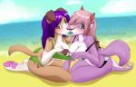 anthro assisted_exposure beach bikini blue_eyes blush breasts clothed clothing cloud detailed_background duo female female/female fur hair long_hair looking_at_viewer off_shoulder outside pink_hair purple_body purple_fur sand seaside sky swimwear two-piece_swimsuit wolflady roxy_bradingham sussan canid canine canis domestic_dog mammal wolf 2014 digital_media_(artwork)