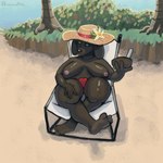 anthro beach beach_chair beverage big_breasts breasts camel_toe clothed clothing coconut coconut_drink drupe_(fruit) female food fruit hat headgear headwear looking_at_object overweight palm_tree panties plant red_clothing red_panties red_underwear relaxing sagging_breasts sand slightly_chubby solo straw_hat sun_hat thick_thighs topless tree underwear luminared bird_dog canid canine canis domestic_dog hunting_dog labrador mammal retriever 1:1 hi_res