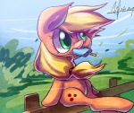 accessory blonde_hair cloud cutie_mark female fence feral food fur green_eyes hair hair_accessory hair_tie on_fence orange_body orange_fur outside plant popsicle sea_salt_ice_cream sky solo tree jggjqm522 friendship_is_magic hasbro my_little_pony applejack_(mlp) earth_pony equid equine horse mammal pony 2013