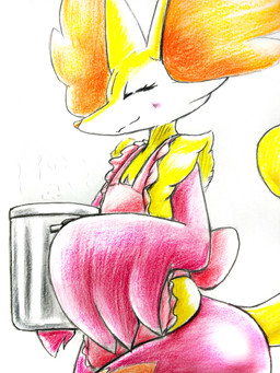 :3 ambiguous_anthro ambiguous_gender anthro apron blush closed_smile clothing container cooking_pot eyelashes eyes_closed holding_container holding_object mouth_closed side_view simple_background smile snout solo standing steam eiroru nintendo pokemon canid delphox generation_6_pokemon mammal pokemon_(species) 2024 3:4 digital_drawing_(artwork) digital_media_(artwork) half-length_portrait hi_res portrait