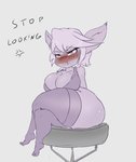 big_breasts blush bottomless breasts cleavage clothed clothing crossed_legs dialogue english_text female furniture hi_res jouljehart league_of_legends legwear not_furry riot_games short_stack simple_background sitting solo stool tencent text thick_thighs thigh_highs tristana_(lol) white_background yordle