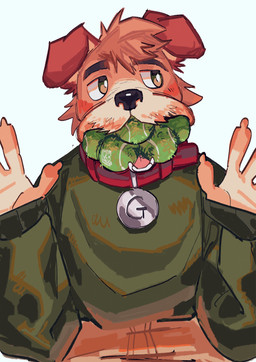 anthro ball balls_in_mouth biped brown_body brown_eyes brown_fur clothing collar_tag fur green_clothing green_sweater green_topwear looking_aside male slim_anthro slim_male solo sweater tennis_ball topwear hemuchang canid canine canis domestic_dog mammal 2023 hi_res