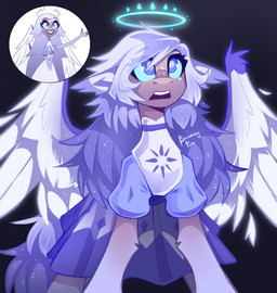 blue_sclera clothing dress feathered_wings feathers female feral hair halo purple_eyes solo white_hair wings buvanybu hazbin_hotel hellaverse mythology emily_(hazbin_hotel) angel equid equine humanoid mammal mythological_creature mythological_equine pegasus absurd_res hi_res