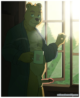 anthro backlighting balls beverage cabin clothing coffee coffee_mug container cup erection genitals holding_container holding_cup holding_object humanoid_genitalia humanoid_penis light male mature_anthro mature_male morning_wood penis plant robe slightly_chubby solo sun tree window artdecade bear mammal 2016 lighting
