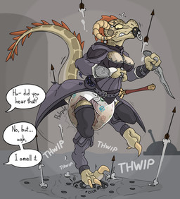 anthro armor claws clothed clothing dagger diaper discovered feces female incontinence melee_weapon messy object_in_mouth onomatopoeia pacifier pacifier_in_mouth pooped smelly smelly_butt soiled_diaper soiling solo sound_effects text toe_claws trap_(contrivance) unclean_diaper used_diaper weapon wearing_diaper poofy_dragon bethesda_game_studios microsoft skyrim the_elder_scrolls keerha argonian humanoid scalie