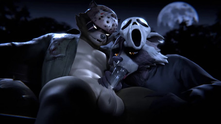 anthro anthro_on_anthro anthro_penetrated anthro_penetrating anthro_penetrating_anthro anthro_penetrating_male balls black_penis bodily_fluids body_part_in_mouth bouncing_balls brown_body brown_fur clothing cosplay costume duo erection facial_markings facial_piercing fellatio fur genitals glowing glowing_eyes halloween_costume hand_on_leg hand_on_penis head_markings holidays male male/male male_penetrated male_penetrating male_penetrating_anthro male_penetrating_male markings mask mask_(marking) moan moon muscular muscular_anthro muscular_male night nose_piercing nose_ring oral oral_only oral_penetration pecs penetration penile penile_penetration penis penis_in_mouth piercing ring_piercing saliva saliva_on_balls saliva_on_penis scar sex tan_balls tan_body tan_fur white_eyes yellow_eyes vyrtek vyrtek_(modeler) blender_eevee epic_games fortnite friday_the_13th_(series) halloween scream_(films) ghostface_(scream) hajime_(fortnite) jason_voorhees rufus_(fortnite) canid canine mammal procyonid raccoon raccoon_dog tanuki 16:9 2025 3d_(artwork) 3d_animation animated digital_media_(artwork) hi_res short_playtime sound voice_acted webm widescreen