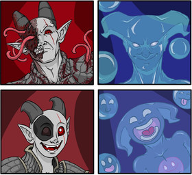 blue_background blue_body burn_mark chibi empty_eyes exposed_teeth facial_scar fangs grey_body horn humanoid_pointy_ears looking_at_viewer male open_mouth pointy_ears pupils red_background red_eyes red_sclera scar simple_background slit_pupils smile smug solo teeth white_eyes multifreak99 drakeposting house_of_the_dead house_of_the_dead_2 sega emperor_(house_of_the_dead_2) magician_(house_of_the_dead) goo_creature goo_humanoid horned_humanoid humanoid hi_res meme