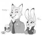 anthro beverage blush clothing coffee coffee_cup container cup duo female male police police_uniform simple_background text uniform white_background princessharumi disney zootopia judy_hopps nick_wilde canid canine fox lagomorph leporid mammal rabbit red_fox true_fox english_text greyscale half-length_portrait monochrome portrait