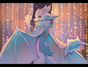anthro black_bars blue_body blue_fur butt christmas_decorations christmas_lights curtains fluffy fur green_eyes horn inside looking_at_viewer looking_back looking_back_at_viewer male nude romantic romantic_ambiance slim small_waist smile solo sparkles tail white_body white_fur wings hyilpi mythology dragon furred_dragon furred_scalie mythological_creature mythological_scalie scalie 2025 digital_drawing_(artwork) digital_media_(artwork) portrait signature three-quarter_portrait watermark