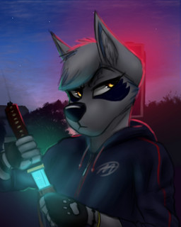 anthro clothed clothing female fur hair hoodie katana melee_weapon outside short_hair solo sunset sword tattoo topwear weapon white_body white_fur yellow_eyes an_ancient aira canid canine canis domestic_dog husky mammal nordic_sled_dog spitz wolf 2018 4:5 hi_res