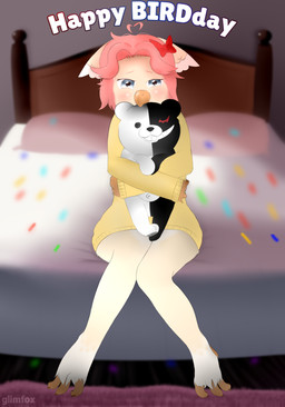 3_toes ahoge anthro avian_feet barefoot beak bed bedroom bent_legs birthday blue_eyes bow_ribbon claws clothing confetti ears_down feet femboy fur furniture hair heart_symbol hug hugging_object hugging_plushie kemono legs_together male pink_hair pivoted_ears plushie shy sitting solo sweater toe_claws toes topwear toy yellow_body yellow_clothing yellow_fur glimfox danganronpa spike_chunsoft monokuma avian bird parrot absurd_res hi_res